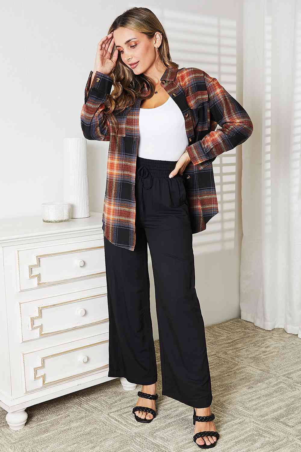 Get trendy with Double Take Plaid Dropped Shoulder Shirt - Shirt available at Styles Code. Grab yours today!