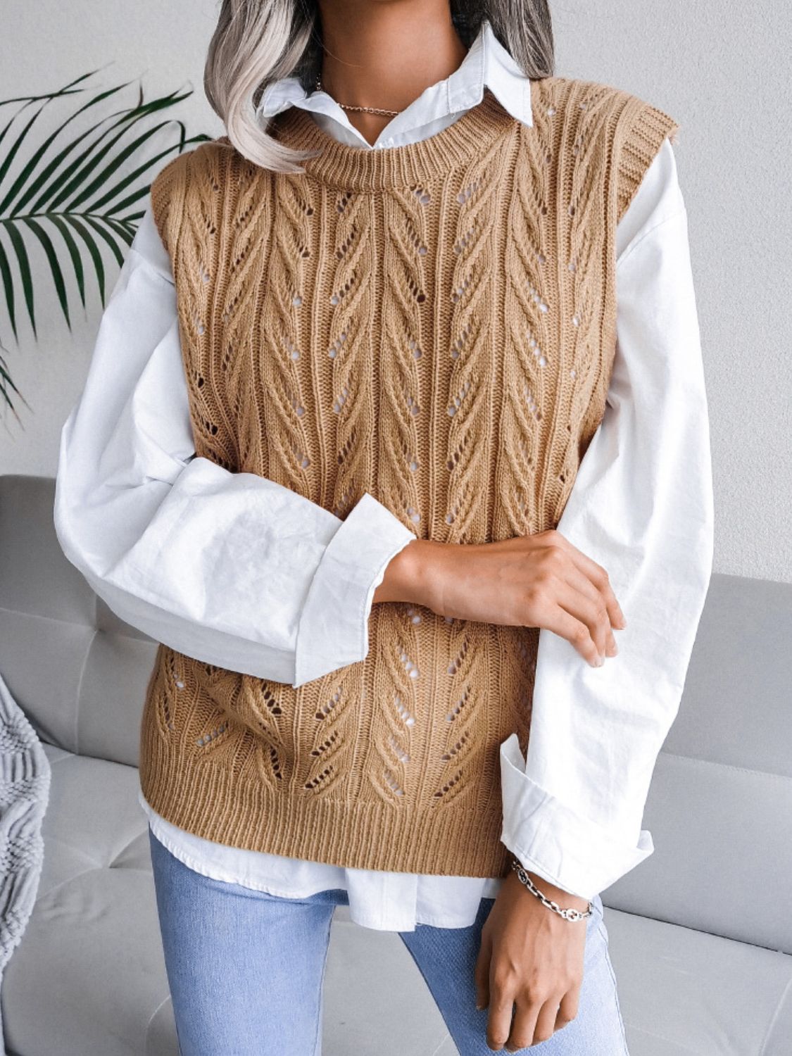 Get trendy with Round Neck Openwork Capped Sleeve Sweater Vest - Vests available at Styles Code. Grab yours today!