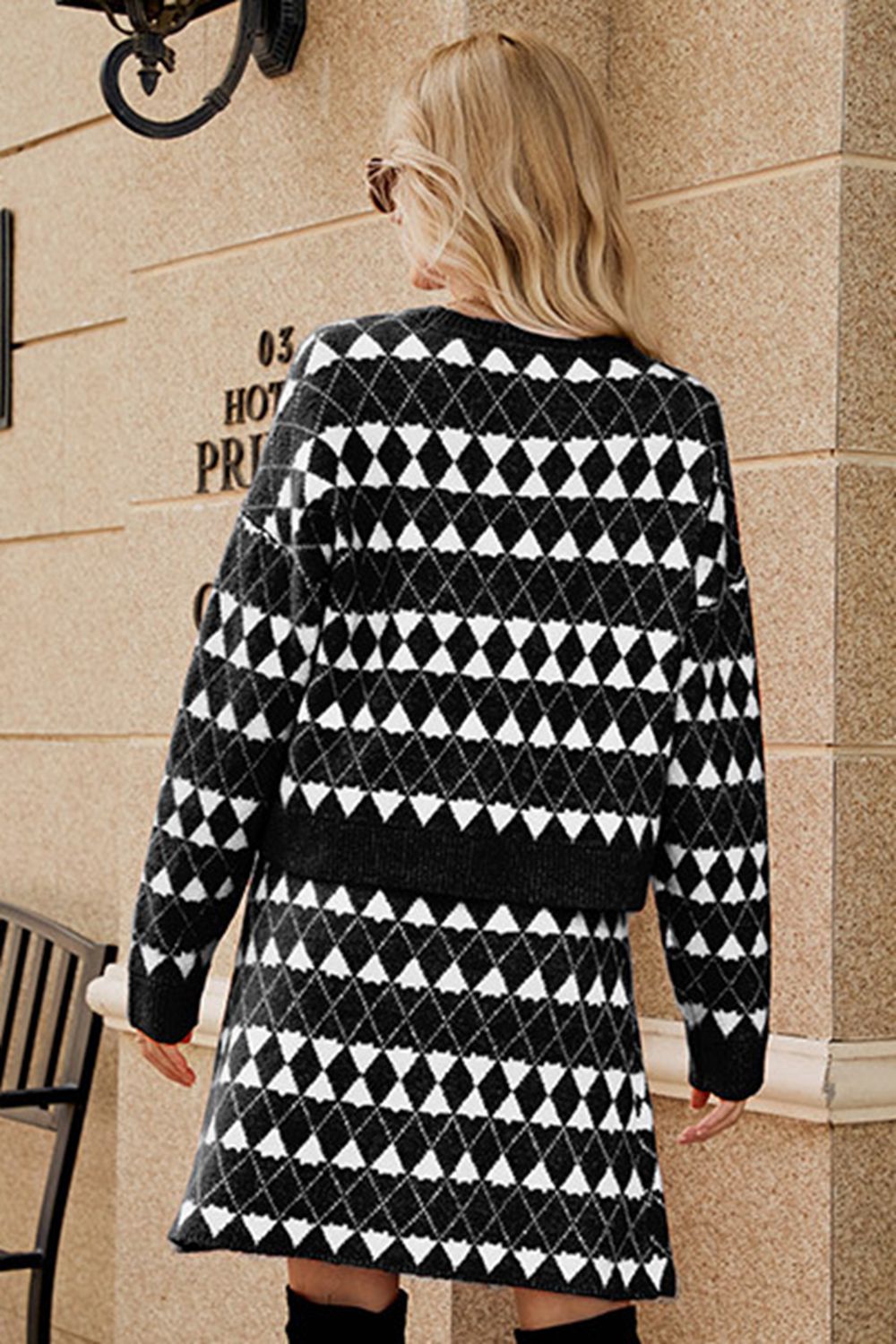 Get trendy with Geometric Dropped Shoulder Cardigan and Knit Skirt Set - Two Piece Sets available at Styles Code. Grab yours today!