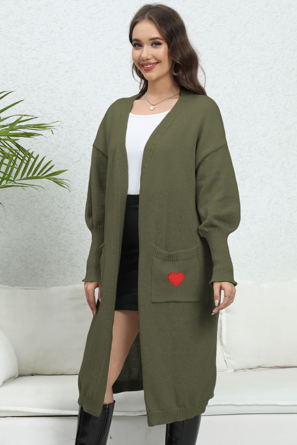 Get trendy with Lantern Sleeve Open Front Pocketed Cardigan - Cardigan available at Styles Code. Grab yours today!