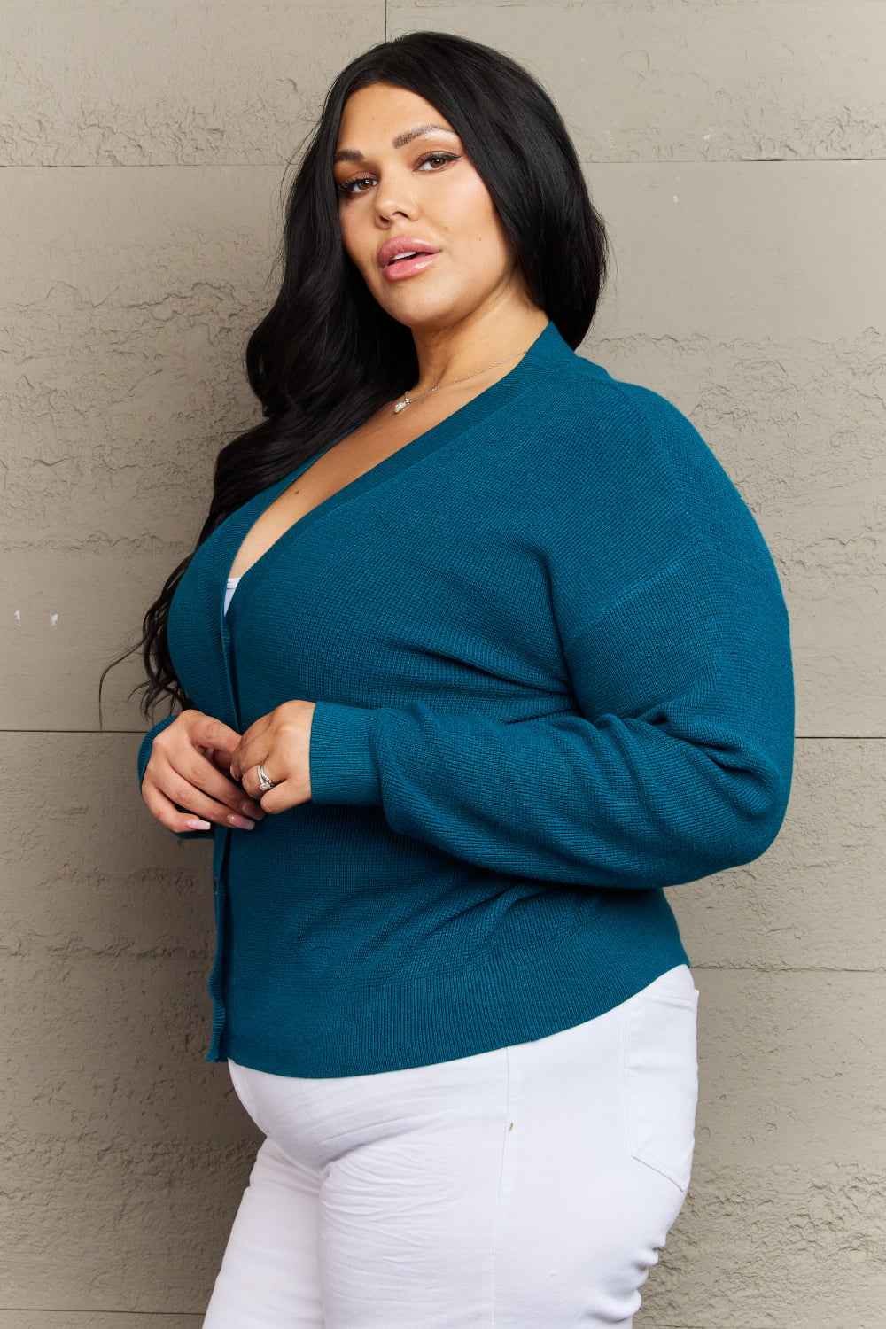 Get trendy with Zenana Kiss Me Tonight Full Size Button Down Cardigan in Teal - Luxe available at Styles Code. Grab yours today!