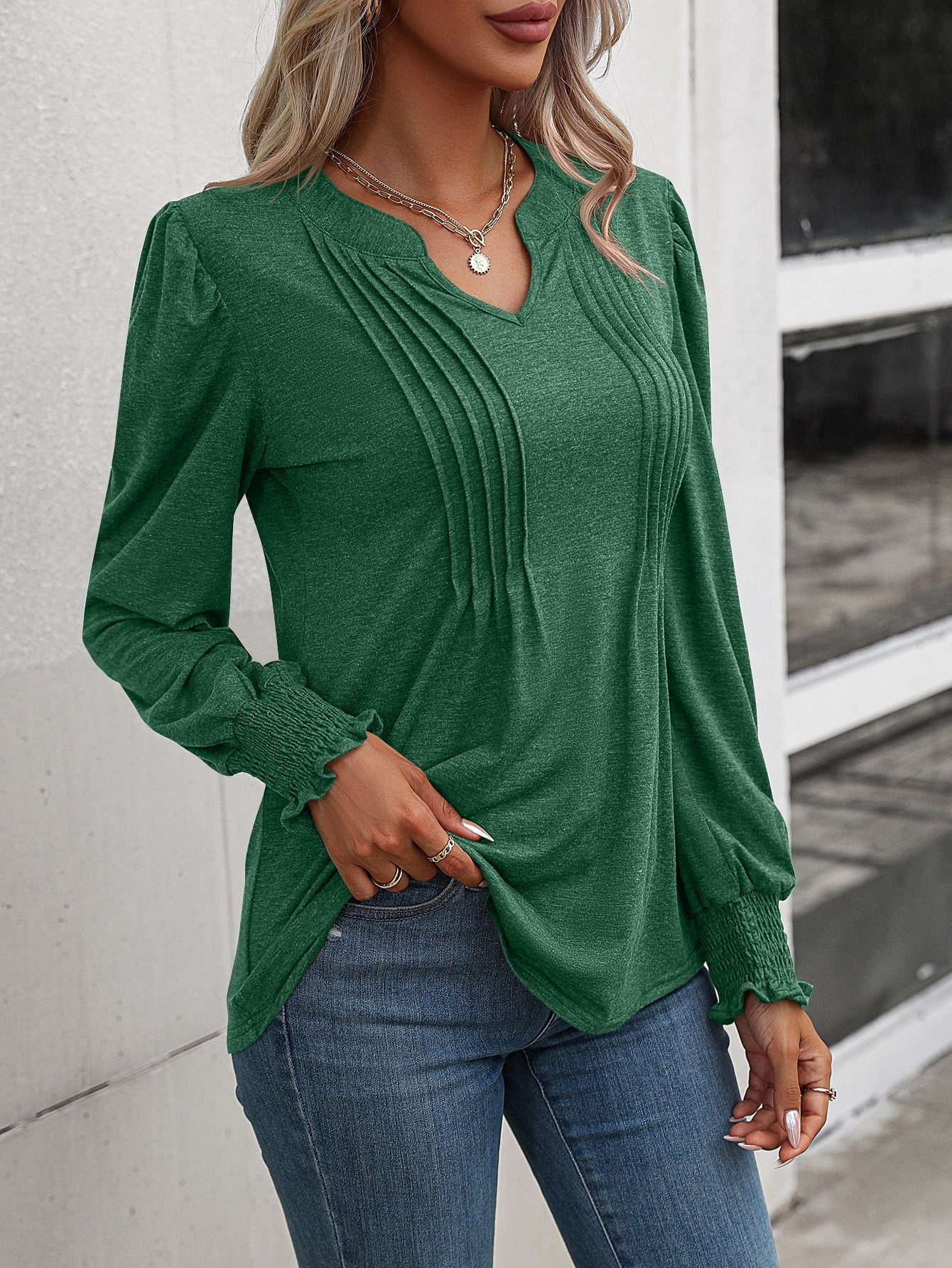 Get trendy with Ruched Notched Neck Puff Sleeve Smocked Wrist Blouse - Tops available at Styles Code. Grab yours today!