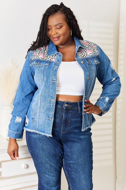 Get trendy with Leopard Floral Distressed Denim Jacket - Denim Jacket available at Styles Code. Grab yours today!