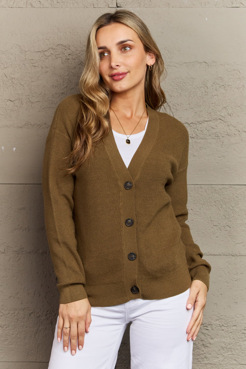 Get trendy with Zenana Kiss Me Tonight Full Size Button Down Cardigan in Olive - Luxe available at Styles Code. Grab yours today!