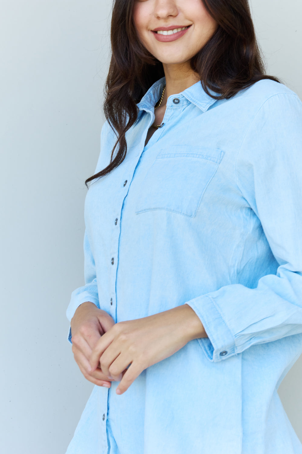 Get trendy with Doublju Blue Jean Baby Denim Button Down Shirt Top in Light Blue -  available at Styles Code. Grab yours today!