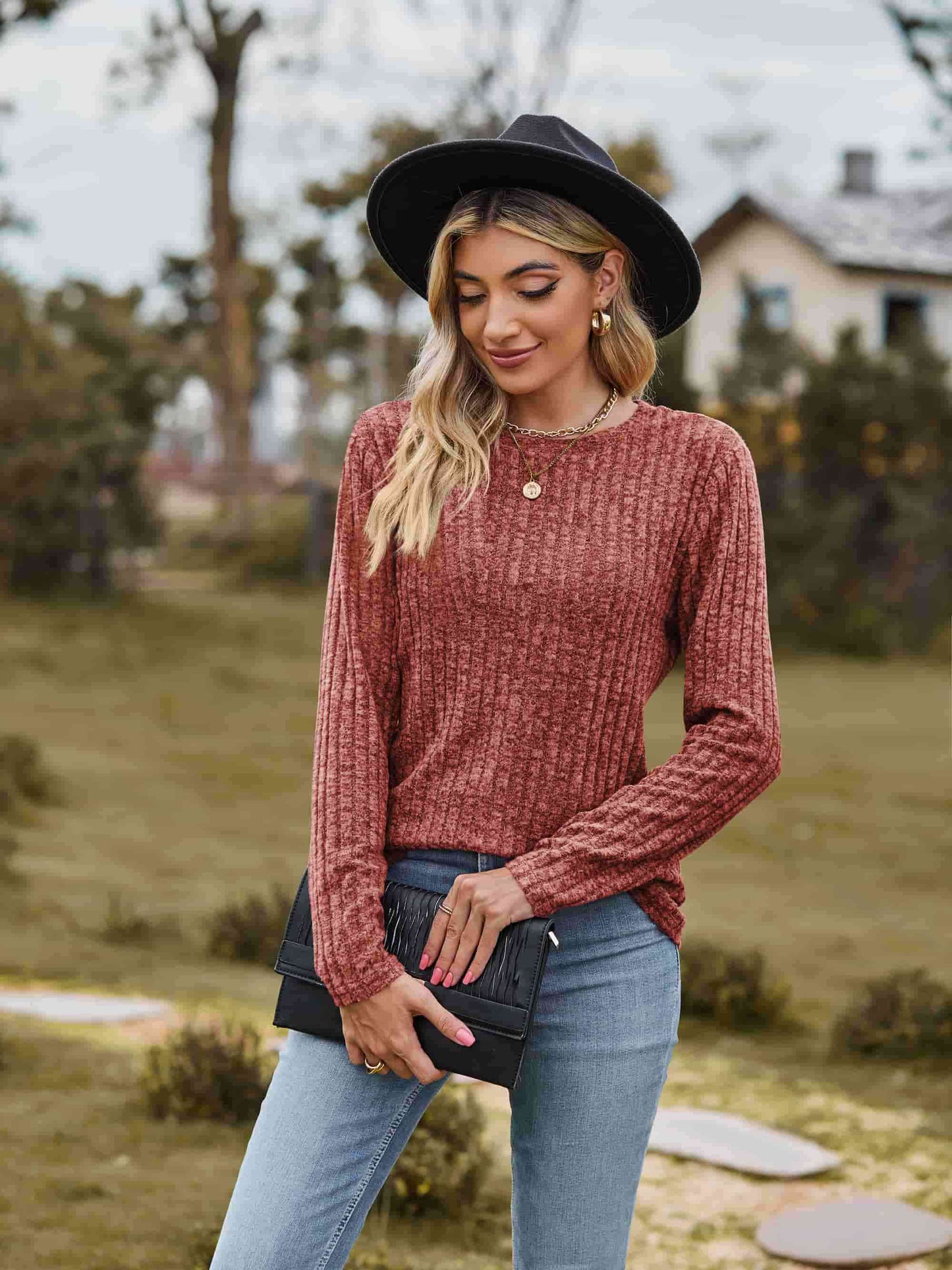 Get trendy with Ribbed Round Neck Long Sleeve Tee - T-Shirt available at Styles Code. Grab yours today!