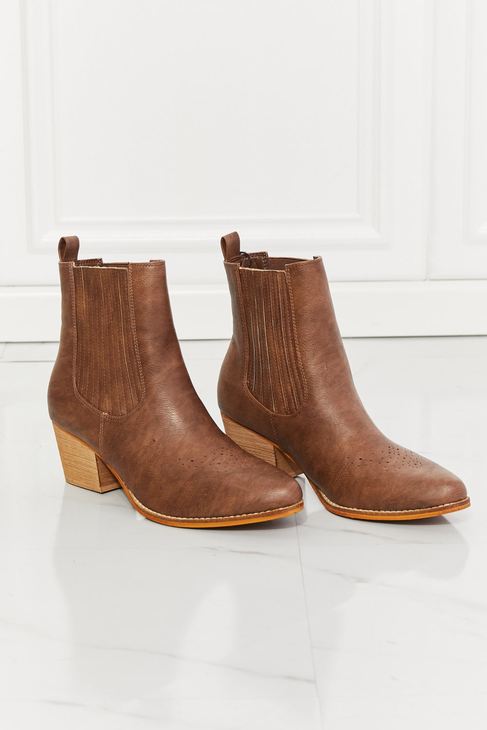 Get trendy with MMShoes Love the Journey Stacked Heel Chelsea Boot in Chestnut - Shoes available at Styles Code. Grab yours today!