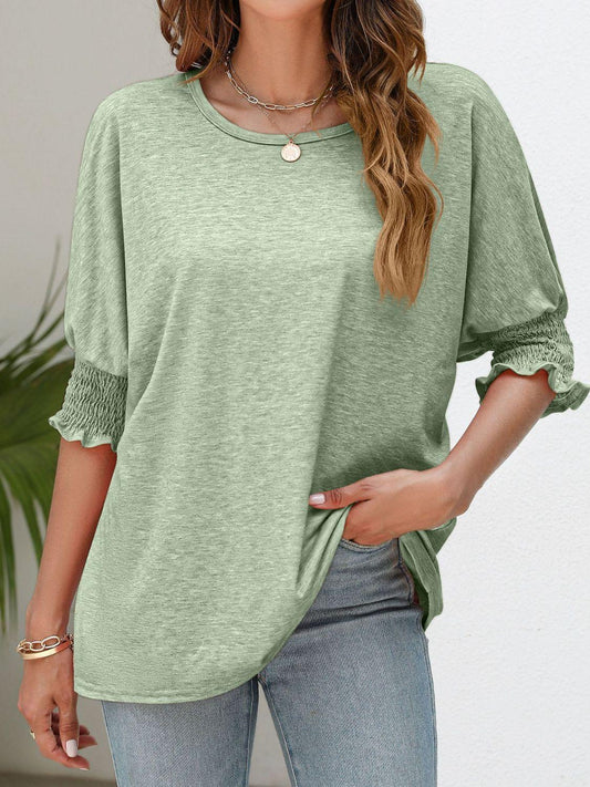 Get trendy with Smocked Flounce Sleeve Round Neck T-Shirt - Trending available at Styles Code. Grab yours today!