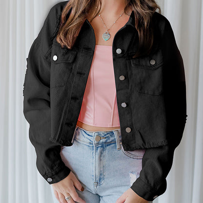 Get trendy with Distressed Raw Hem Dropped Shoulder Denim Jacket - Jackets available at Styles Code. Grab yours today!