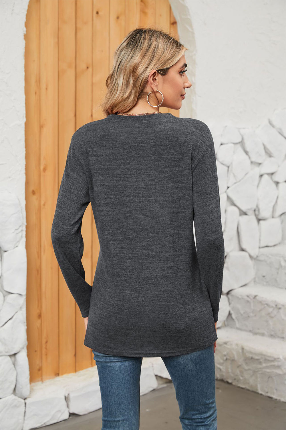 Get trendy with Notched Neck Long Sleeve T-Shirt - Tops available at Styles Code. Grab yours today!