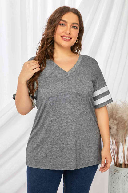 Get trendy with Plus Size Striped V-Neck Tee Shirt - T-Shirt available at Styles Code. Grab yours today!