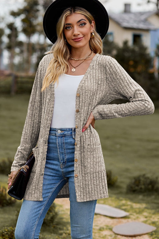 Get trendy with Ribbed Button-UP Cardigan with Pockets - Tops available at Styles Code. Grab yours today!