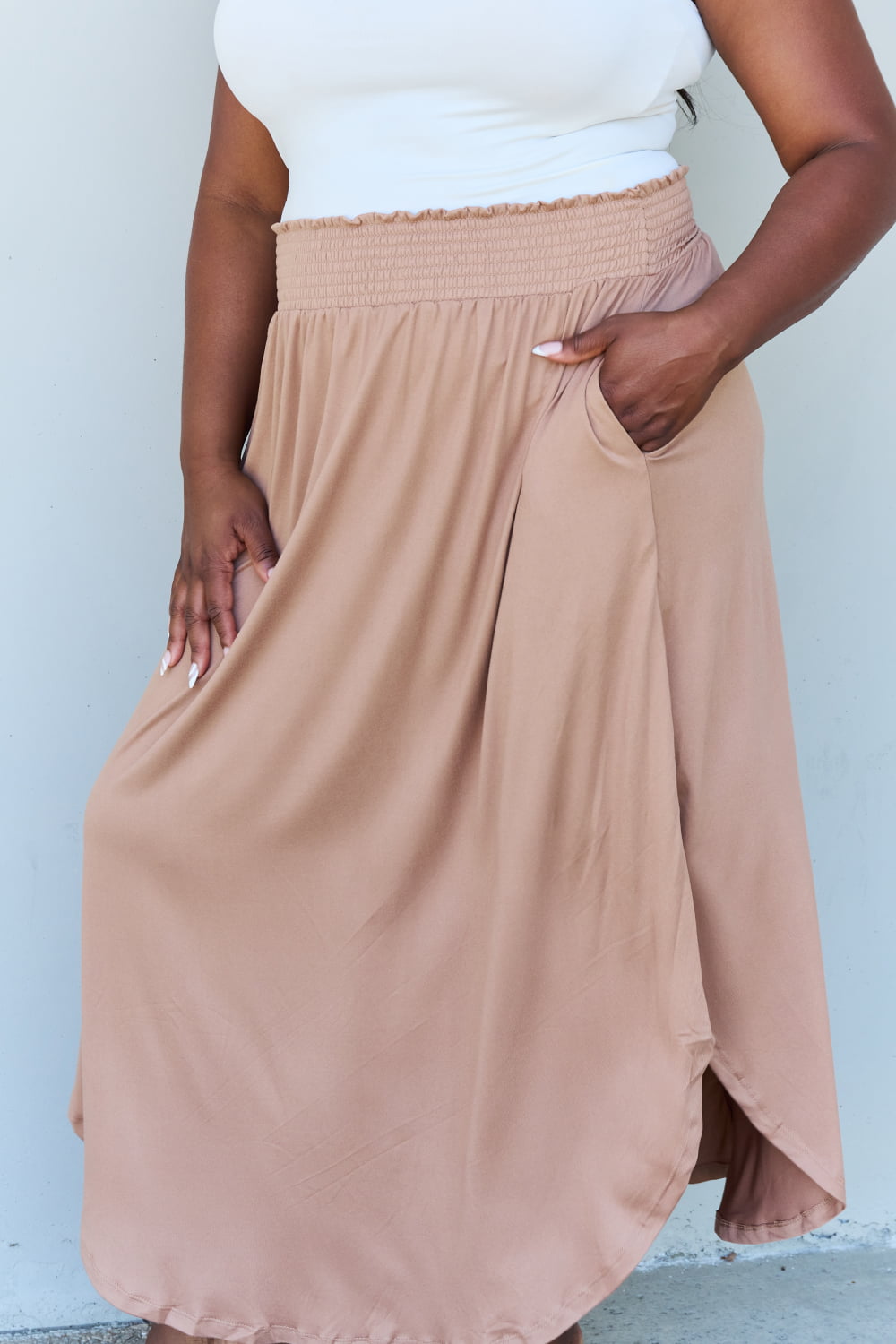 Get trendy with Doublju Comfort Princess Full Size High Waist Scoop Hem Maxi Skirt in Tan -  available at Styles Code. Grab yours today!