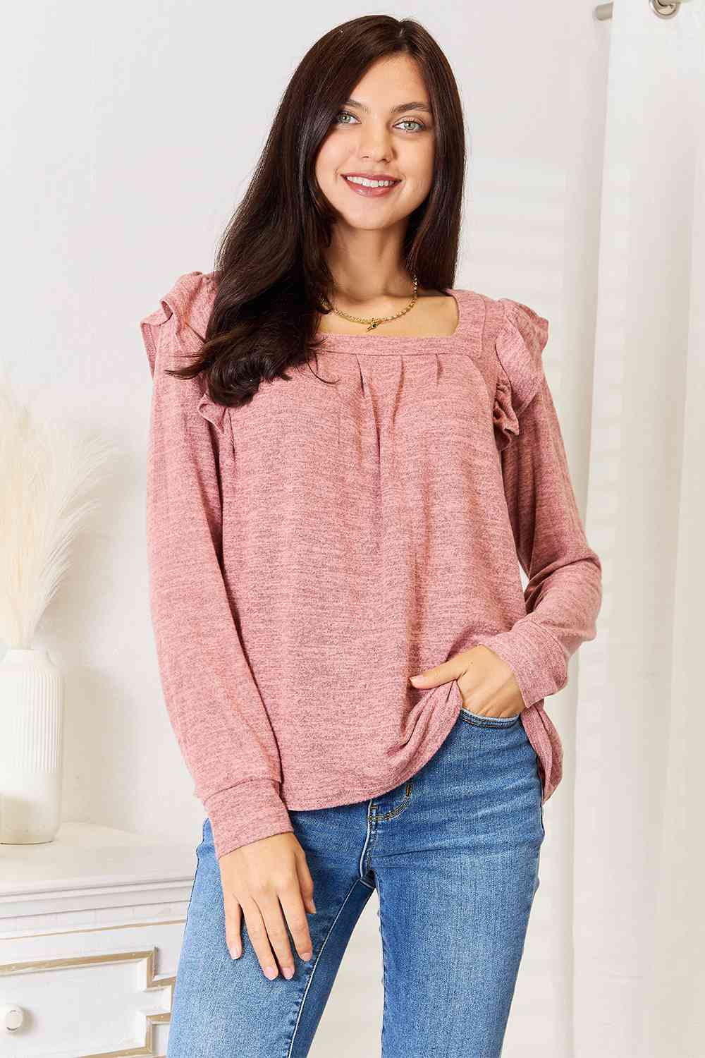 Get trendy with Square Neck Ruffle Shoulder T-Shirt - T-Shirt available at Styles Code. Grab yours today!