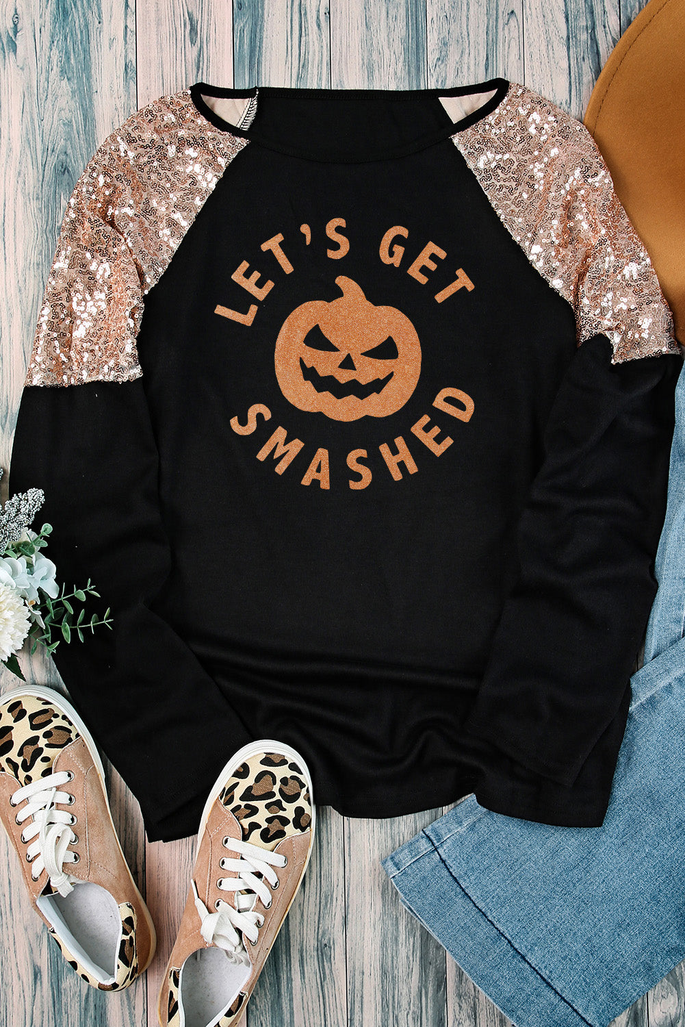 Get trendy with Graphic Sequin Long Sleeve Top - Halloween Clothes available at Styles Code. Grab yours today!