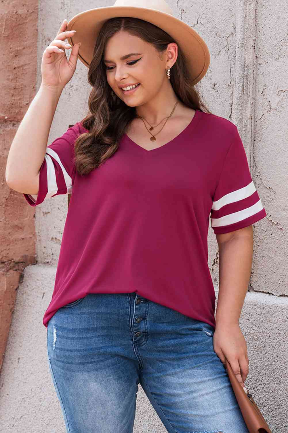 Get trendy with Plus Size Striped V-Neck Tee Shirt - T-Shirt available at Styles Code. Grab yours today!