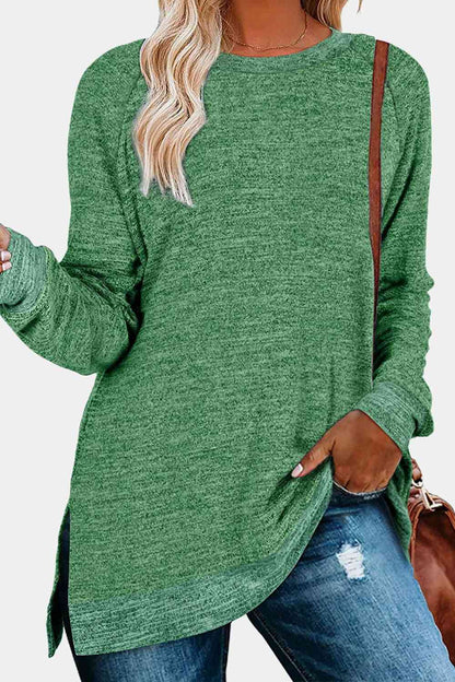 Get trendy with Round Neck Long Sleeve Slit T-Shirt - Shirt available at Styles Code. Grab yours today!