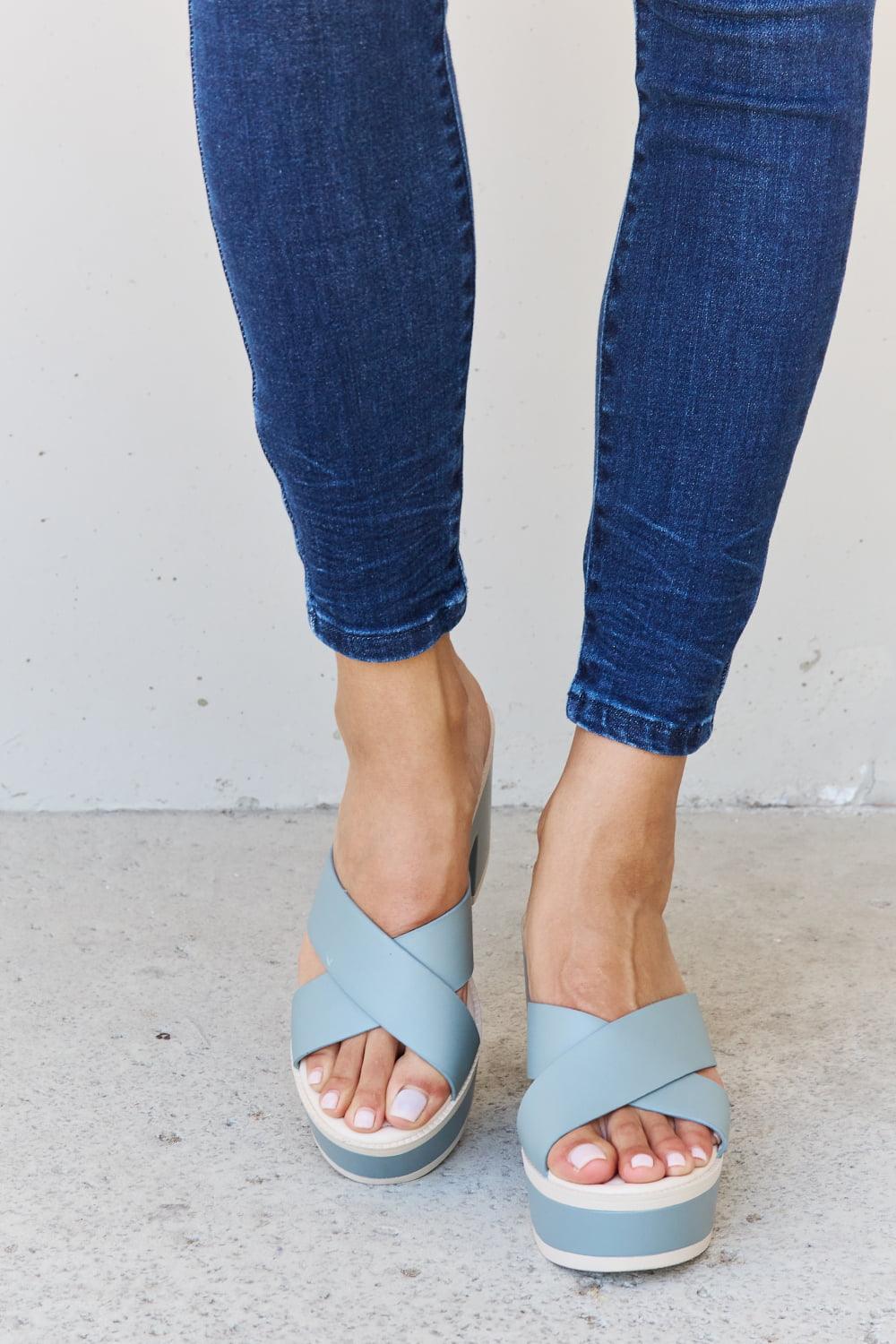 Get trendy with Weeboo Cherish The Moments Contrast Platform Sandals in Misty Blue - Shoes available at Styles Code. Grab yours today!