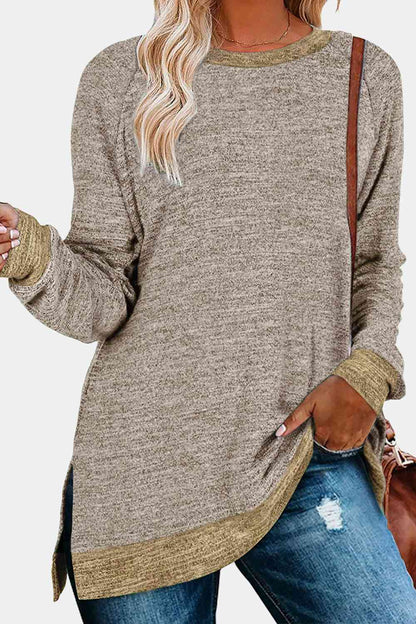 Get trendy with Round Neck Long Sleeve Slit T-Shirt - Shirt available at Styles Code. Grab yours today!