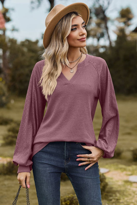 Get trendy with Notched Neck Raglan Sleeve Blouse - Tops available at Styles Code. Grab yours today!