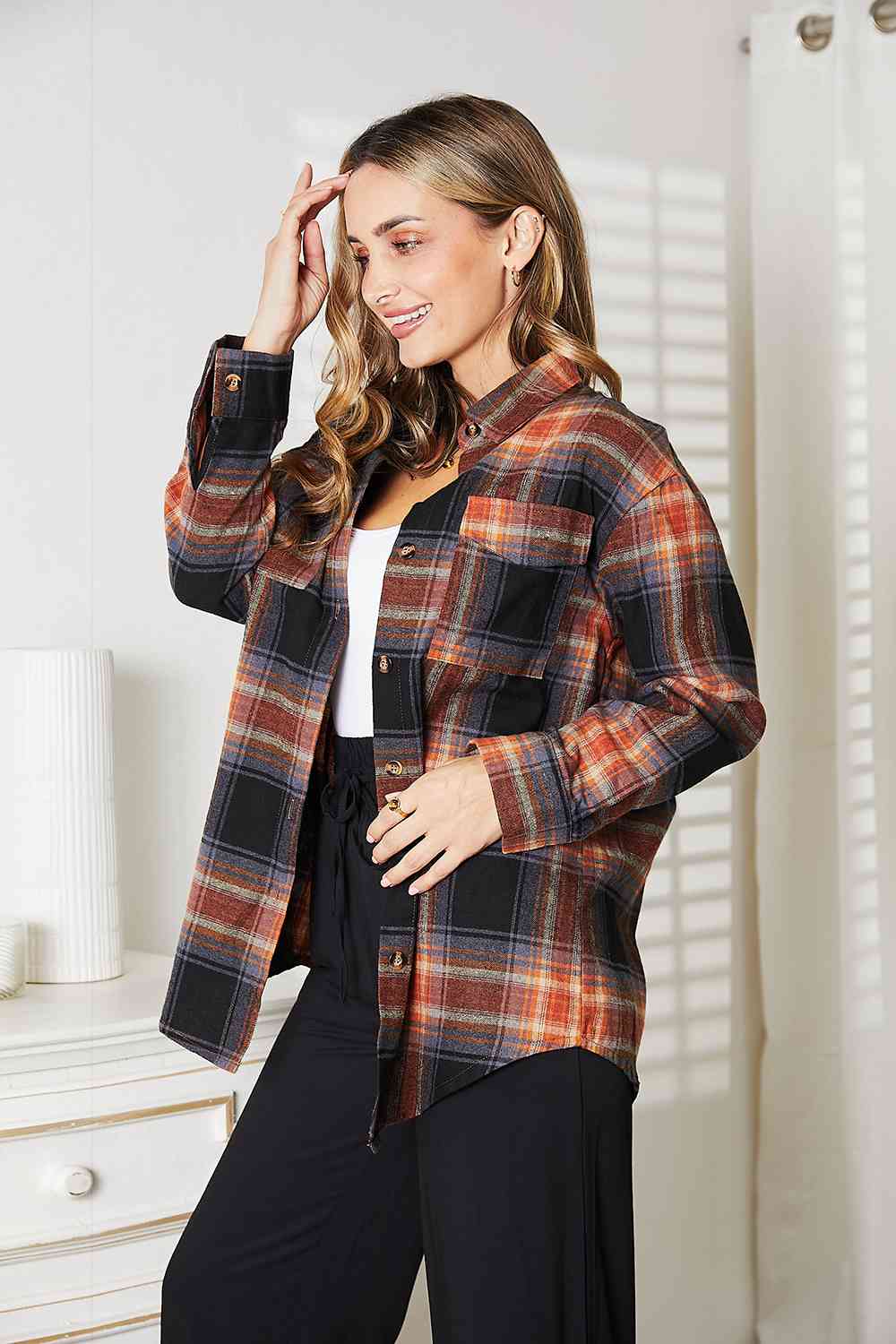 Get trendy with Double Take Plaid Dropped Shoulder Shirt - Shirt available at Styles Code. Grab yours today!