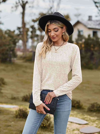 Get trendy with Ribbed Round Neck Long Sleeve Tee - T-Shirt available at Styles Code. Grab yours today!