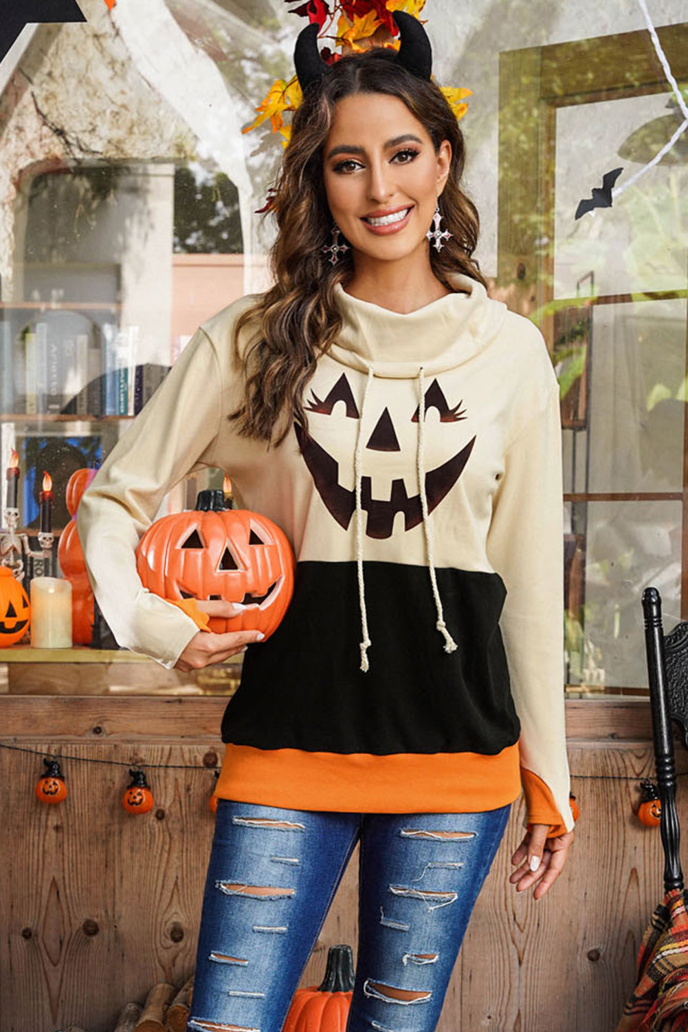 Get trendy with Long Sleeve Jack-O'-Lantern Graphic Sweatshirt - Halloween Clothes available at Styles Code. Grab yours today!