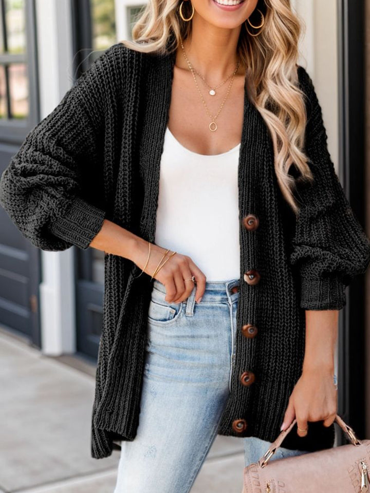 Get trendy with Full Size Button-Up V-Neck Long Sleeve Cardigan - Cardigans available at Styles Code. Grab yours today!