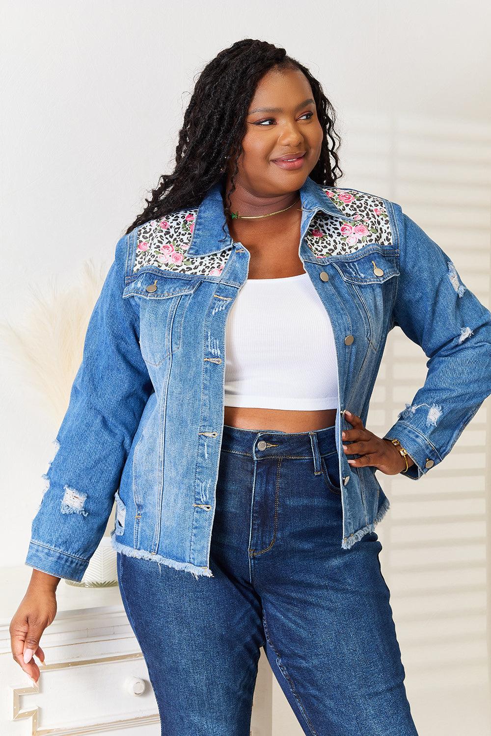 Get trendy with Leopard Floral Distressed Denim Jacket - Denim Jacket available at Styles Code. Grab yours today!