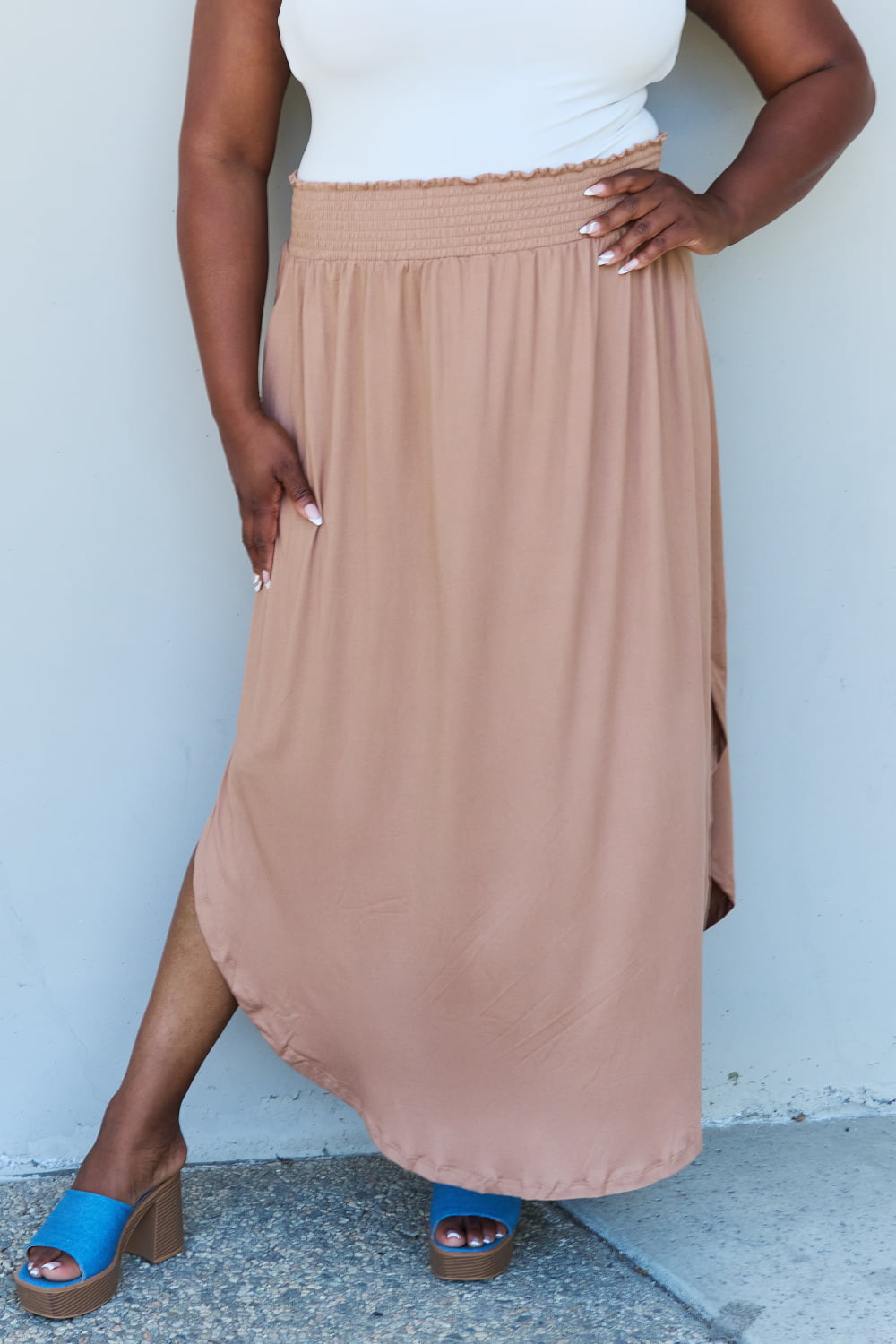 Get trendy with Full Size High Waist Maxi Skirt in Tan -  available at Styles Code. Grab yours today!