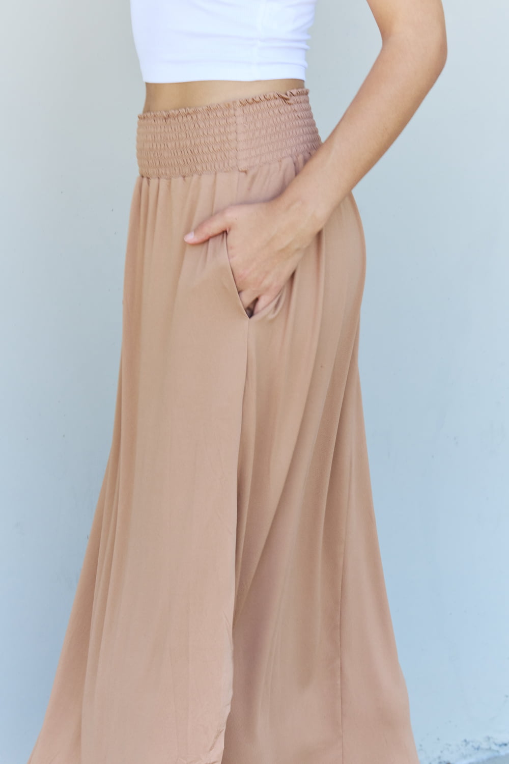 Get trendy with Doublju Comfort Princess Full Size High Waist Scoop Hem Maxi Skirt in Tan -  available at Styles Code. Grab yours today!