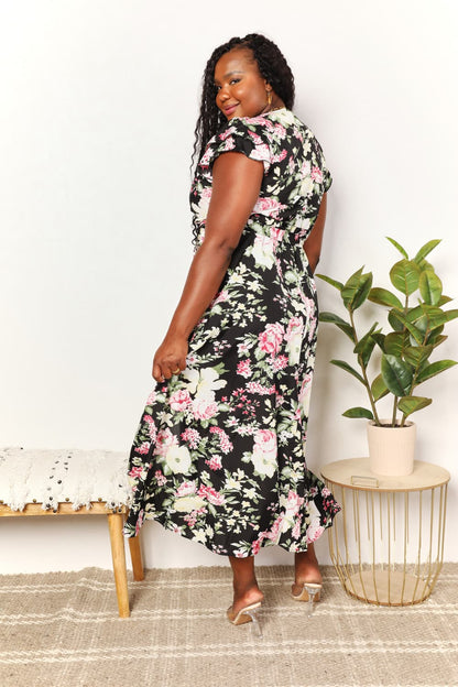 Get trendy with Double Take Floral Flutter Sleeve Tie-Waist Split Dress - Dress available at Styles Code. Grab yours today!