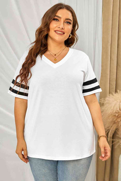 Get trendy with Plus Size Striped V-Neck Tee Shirt - T-Shirt available at Styles Code. Grab yours today!