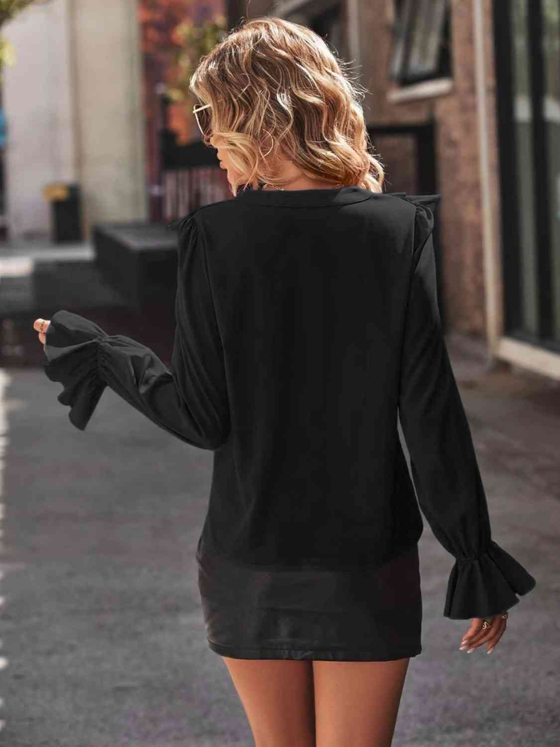 Get trendy with Ruffled V-Neck Flounce Sleeve Shirt - Shirt available at Styles Code. Grab yours today!