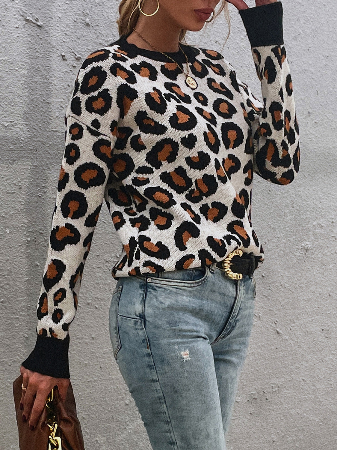 Get trendy with Leopard Round Neck Dropped Shoulder Sweater - Tops available at Styles Code. Grab yours today!