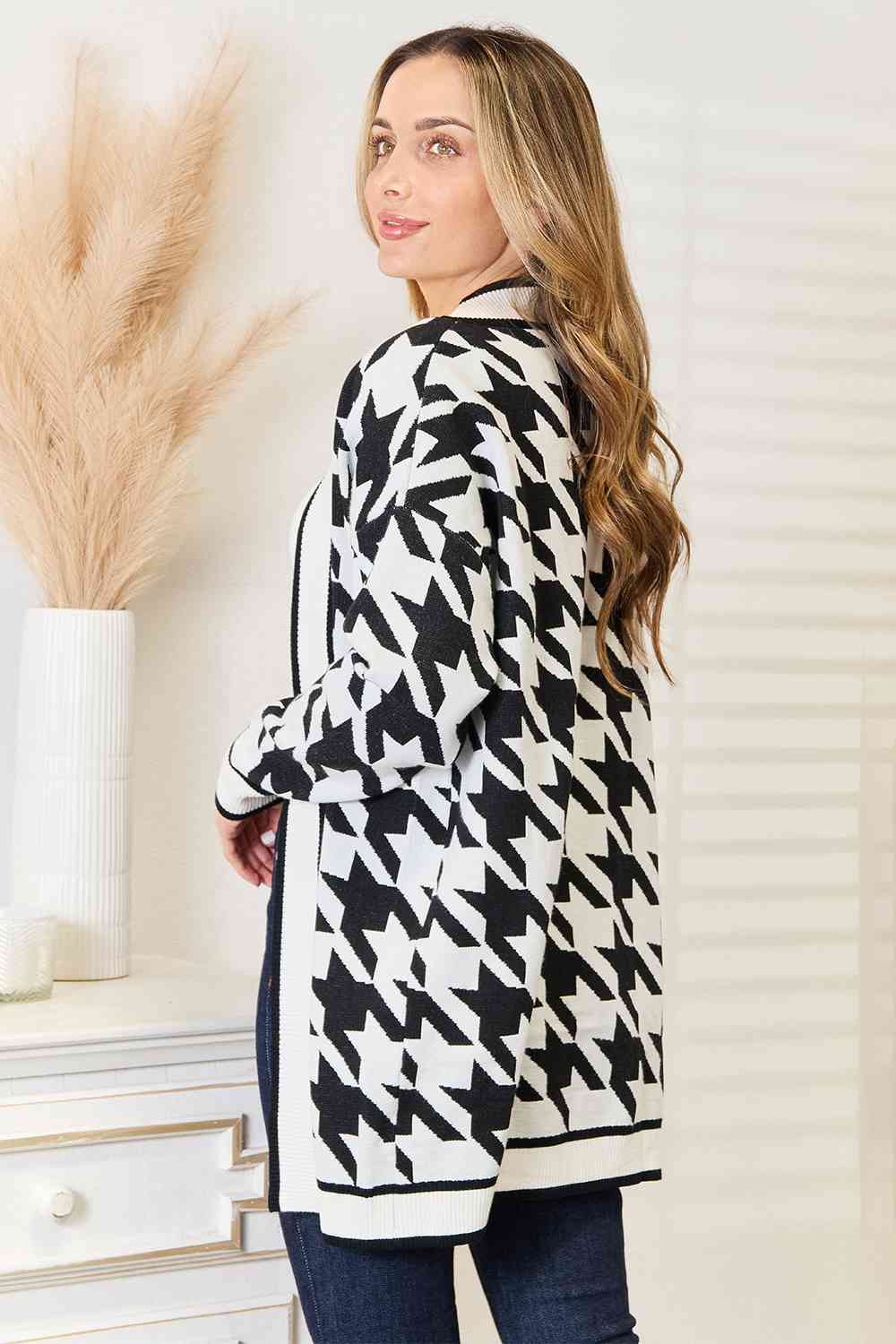 Get trendy with Woven Right Houndstooth Open Front Longline Cardigan - Cardigan available at Styles Code. Grab yours today!