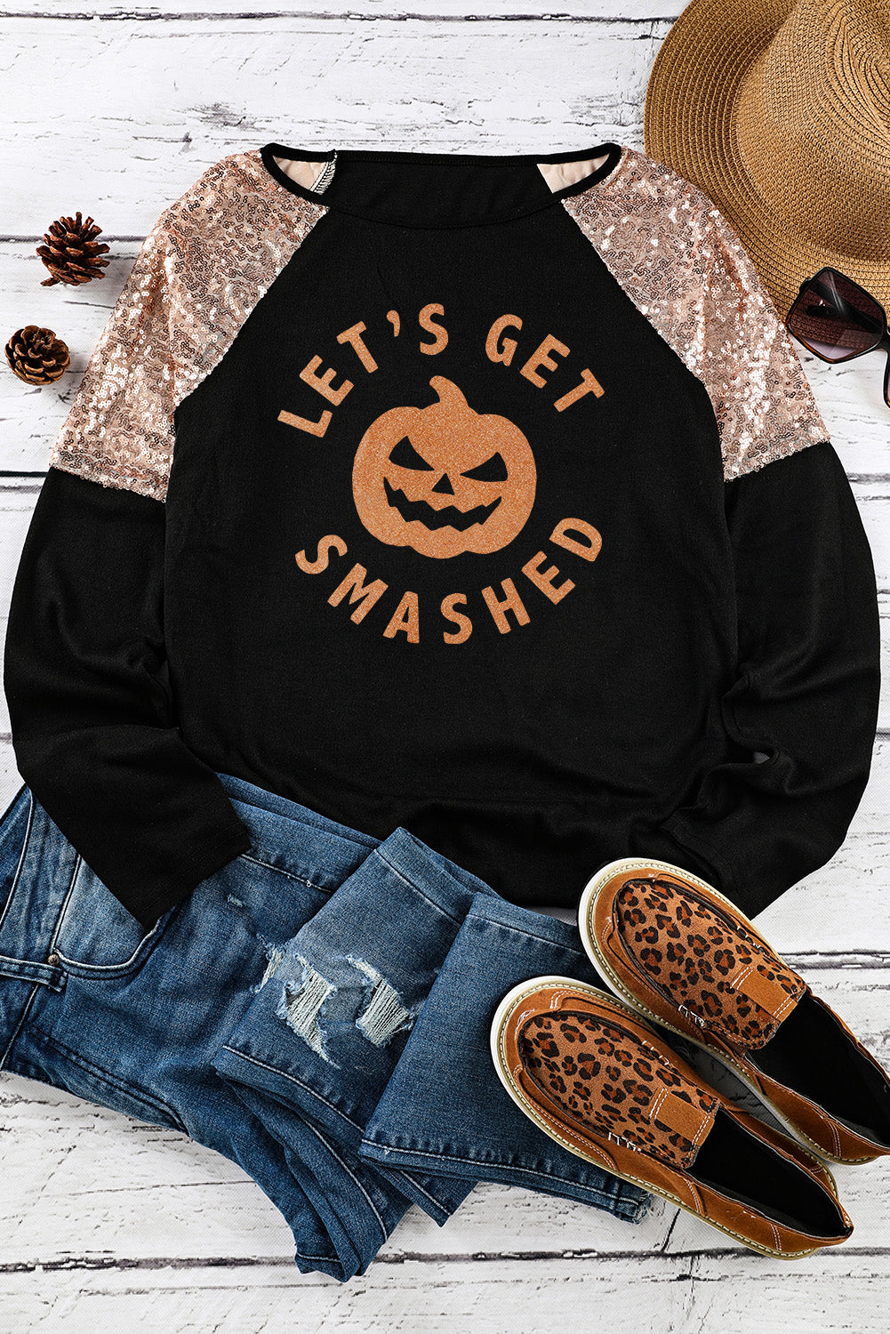 Get trendy with Graphic Sequin Long Sleeve Top - Halloween Clothes available at Styles Code. Grab yours today!