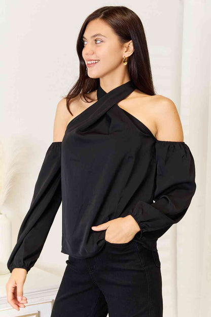 Get trendy with Grecian Cold Shoulder Long Sleeve Blouse - Blouse available at Styles Code. Grab yours today!