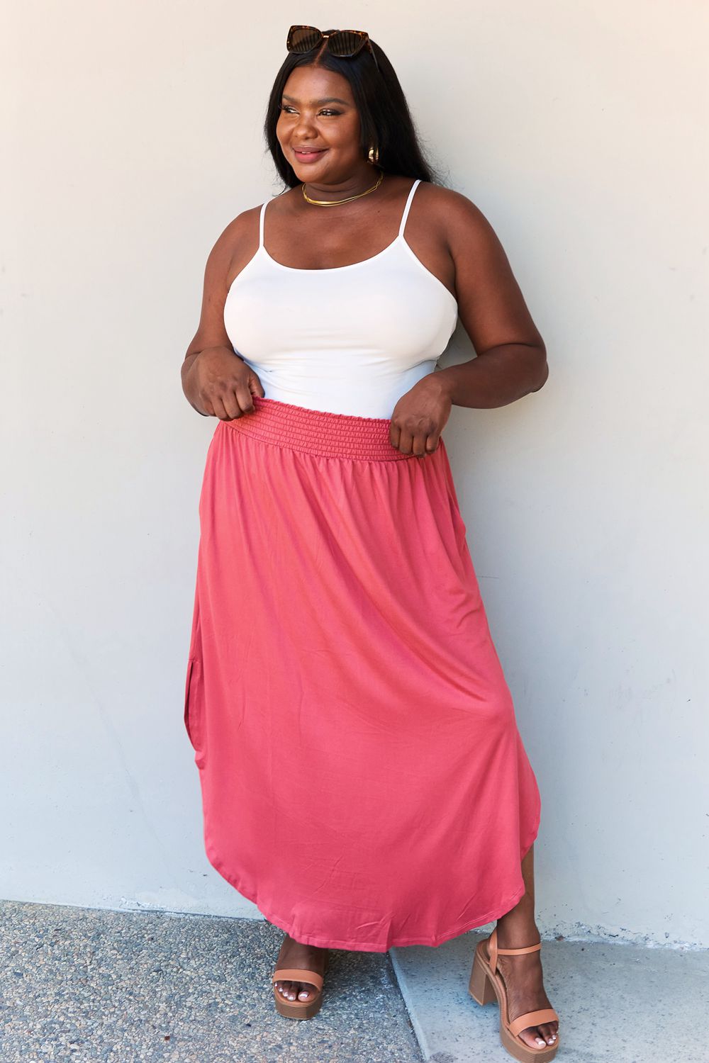 Get trendy with Doublju Comfort Princess Full Size High Waist Scoop Hem Maxi Skirt in Hot Pink -  available at Styles Code. Grab yours today!