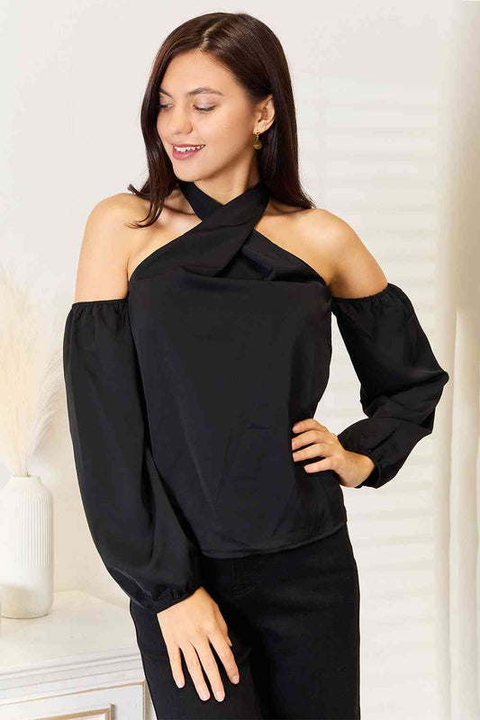 Get trendy with Grecian Cold Shoulder Long Sleeve Blouse - Blouse available at Styles Code. Grab yours today!