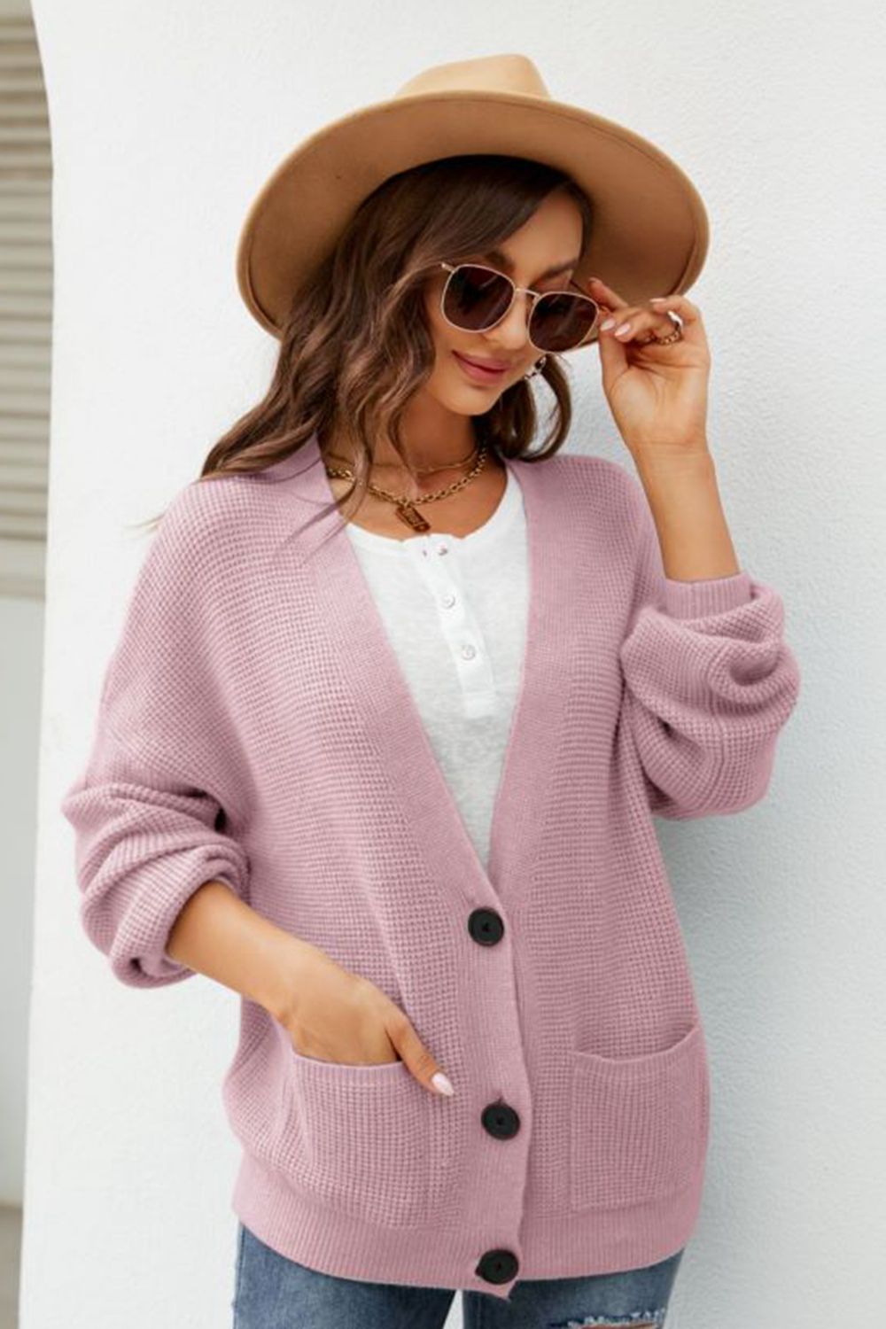 Get trendy with Waffle-Knit Dropped Shoulder Cardigan - Cardigans available at Styles Code. Grab yours today!