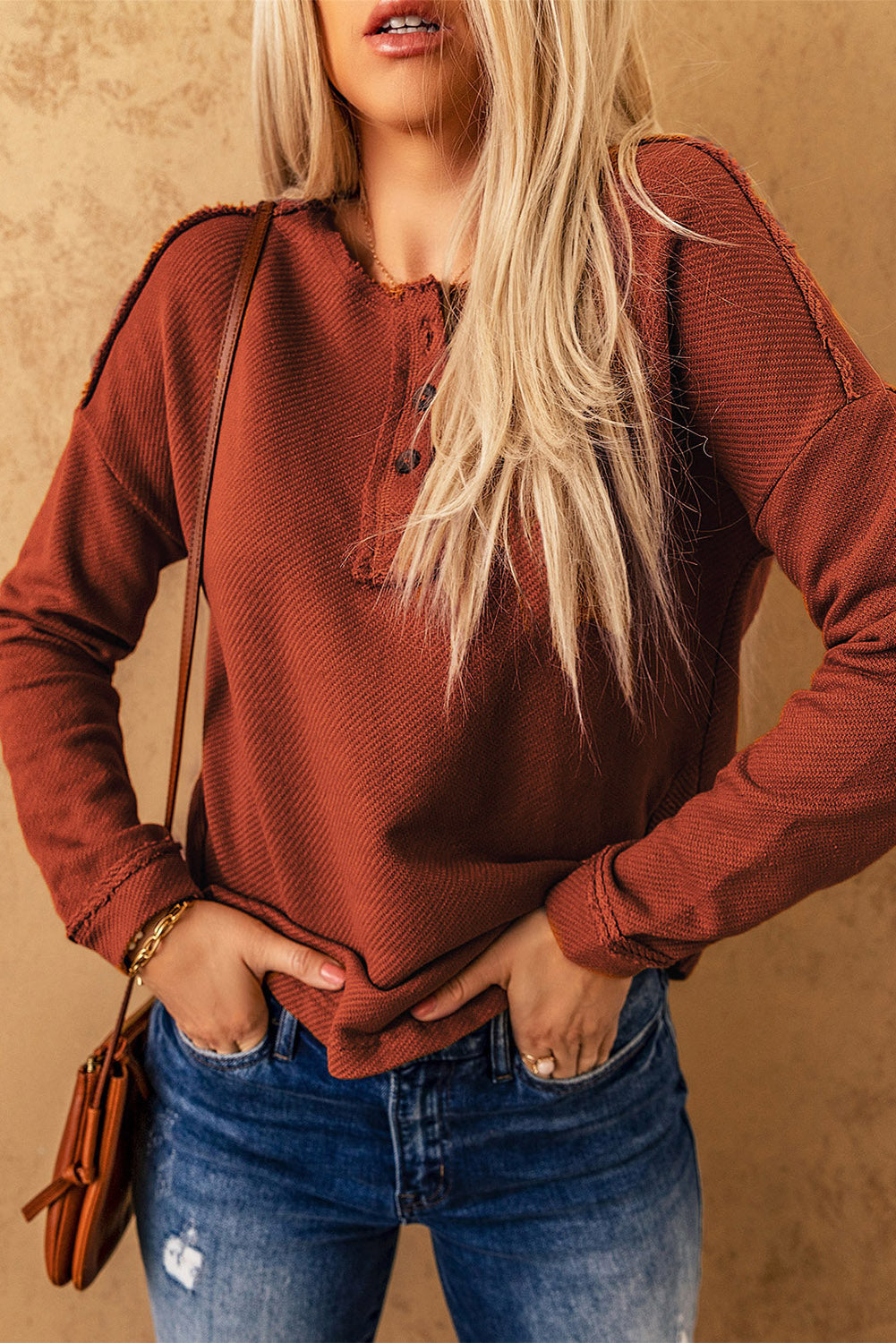 Get trendy with Exposed Seams Round Neck Long Sleeve Blouse - Tops available at Styles Code. Grab yours today!