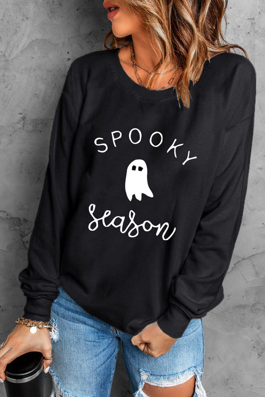 Get trendy with Round Neck Long Sleeve SPOOKY SEASON Graphic Sweatshirt - Halloween Clothes available at Styles Code. Grab yours today!