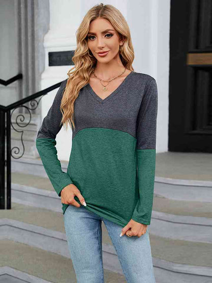 Get trendy with V-Neck Long Sleeve Two-Tone T-Shirt - T-Shirt available at Styles Code. Grab yours today!