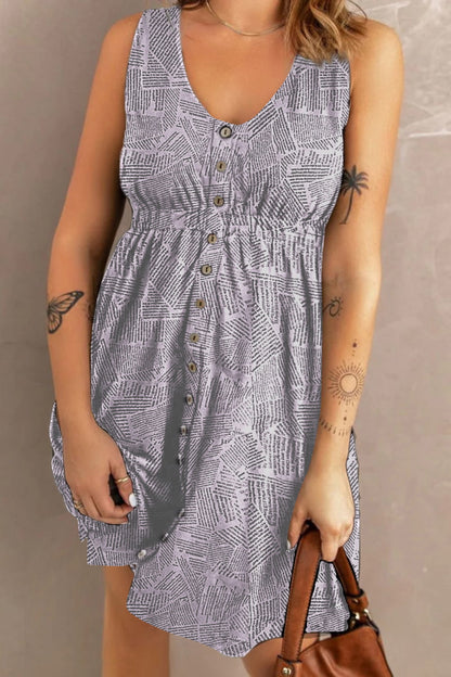 Get trendy with Double Take Printed Scoop Neck Sleeveless Buttoned Magic Dress with Pockets - Dress available at Styles Code. Grab yours today!