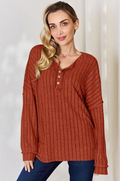 Get trendy with Full Size Ribbed Half Button Long Sleeve T-Shirt -  available at Styles Code. Grab yours today!