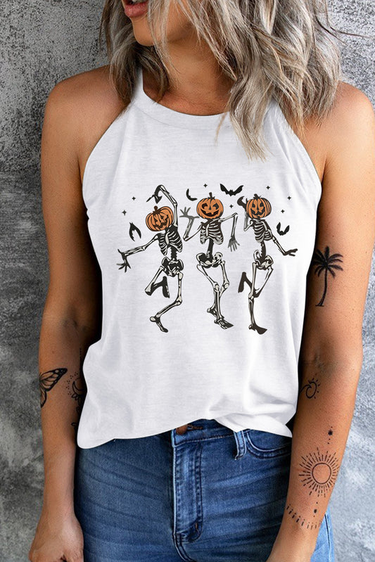 Get trendy with Round Neck Dancing Pumpkin Head Skeleton Graphic Tank - Halloween Clothes available at Styles Code. Grab yours today!