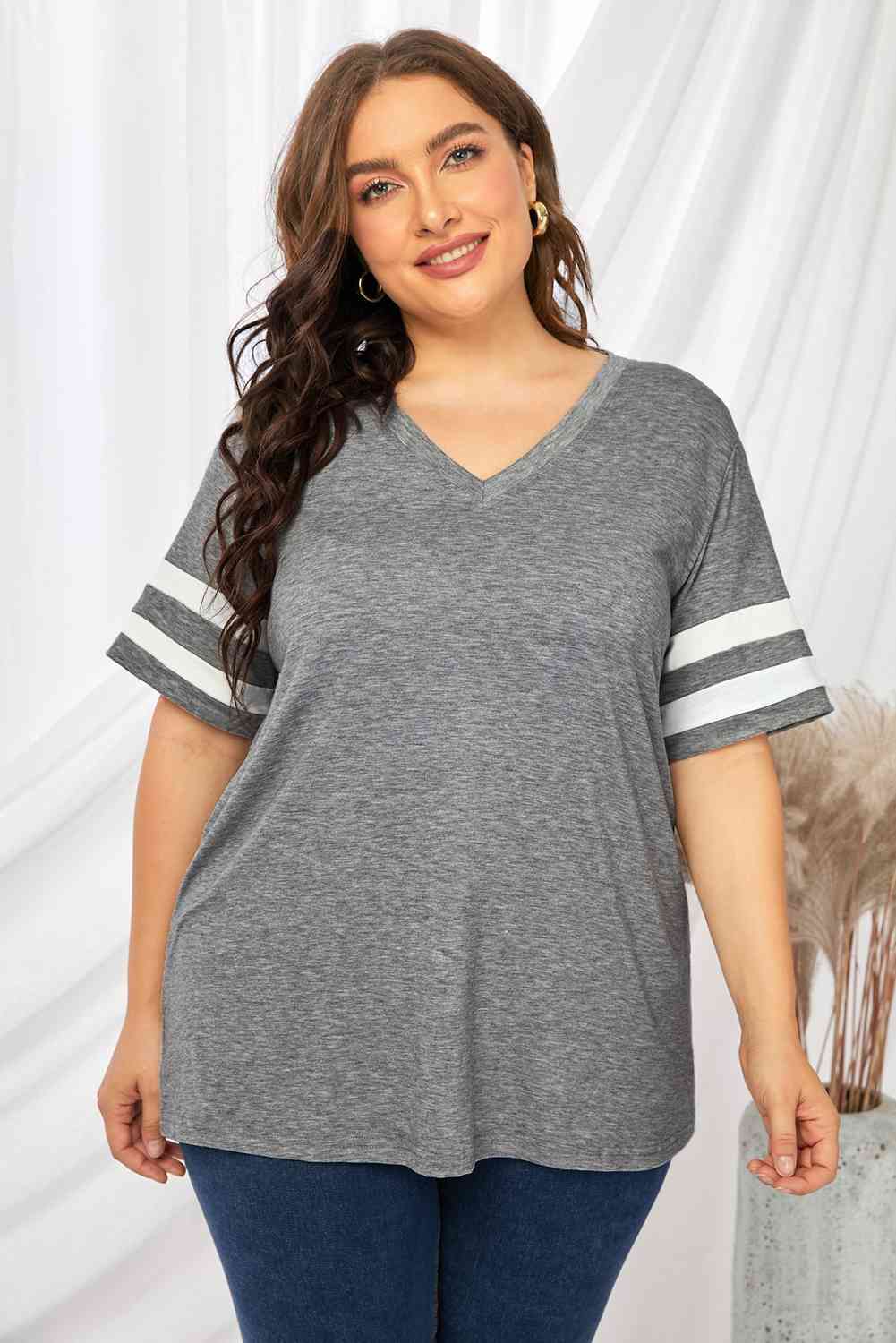 Get trendy with Plus Size Striped V-Neck Tee Shirt - T-Shirt available at Styles Code. Grab yours today!