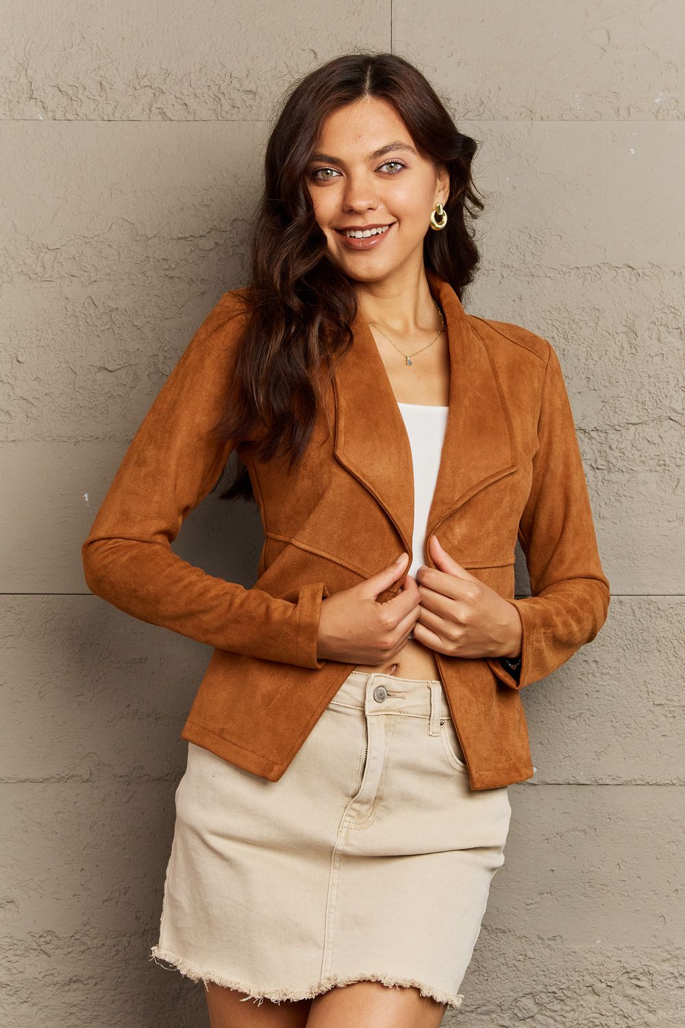 Get trendy with Ninexis Full Size Lapel Collar Long Sleeve Jacket - Tops available at Styles Code. Grab yours today!