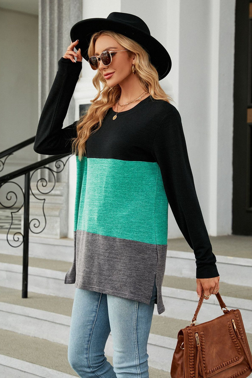 Get trendy with Color Block Round Neck Long Sleeve Slit T-Shirt - Tops available at Styles Code. Grab yours today!